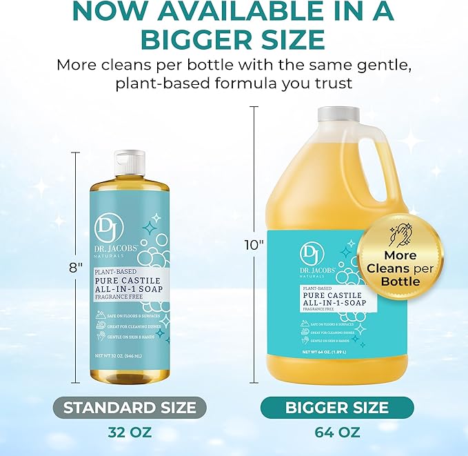 Dr. Jacobs Naturals Pure Castile Soap 64 oz Value Size - Unscented - Made in USA - All-in-One Plant-Based Multipurpose Cleaner for Floors Counters Dishes &amp Laundry Gentle on Skin Biodegradabl