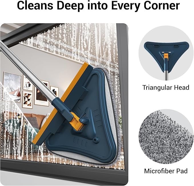 7-in-1 Wall Cleaner Triangle Mop Set with 7 Replaceable Heads and Adjustable Long Handle for Walls Floors Windows Ceilings Baseboards (Navy Blue)