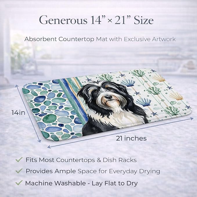 Caroline's Treasures Black Bearded Collie Coastal Sea Glass Dish Drying Mat Absorbent Dish Drying Mat Pad for Kitchen Counter Dish Drainer Mat for Countertop 14 x 21 Multicolor