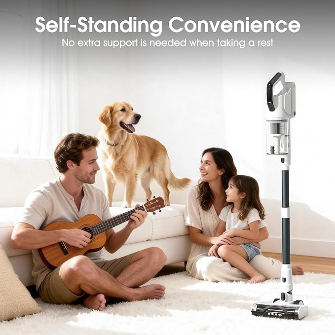 Cordless Vacuum Cleaner 2 Batteries 140 Mins Runtime 600W 50Kpa Stick Vacuum Cordless Self-Standing Vacuum Cleaners for Home with 2.5H Fast Charging for Floor/Carpet/Pet Hair White