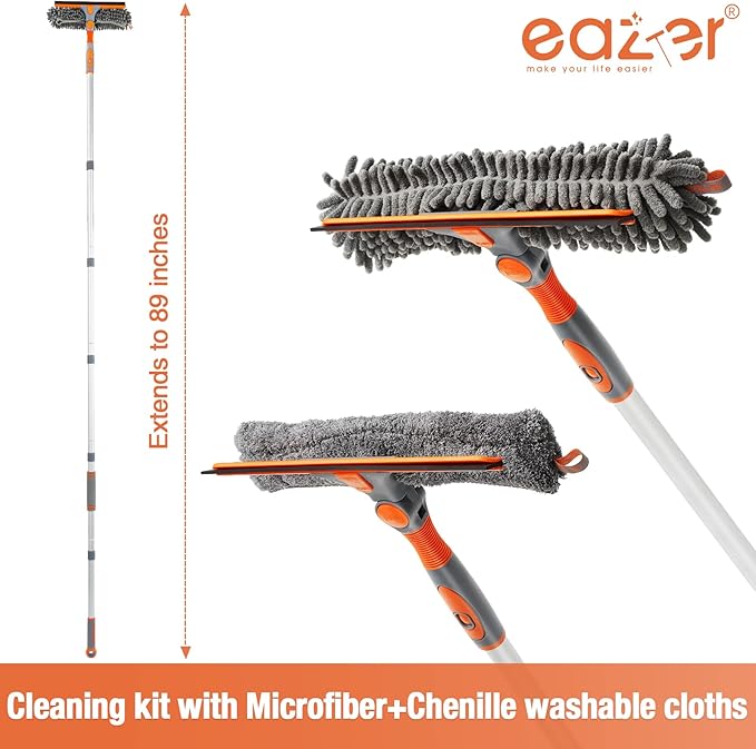 Eazer 89'' Squeegee Window Cleaner 2 in 1 Rotatable Window Cleaning Tool Kit with Extension Pole Window Washing Equipment with Bendable Head for Indoor/Outdoor Window and Car Glass