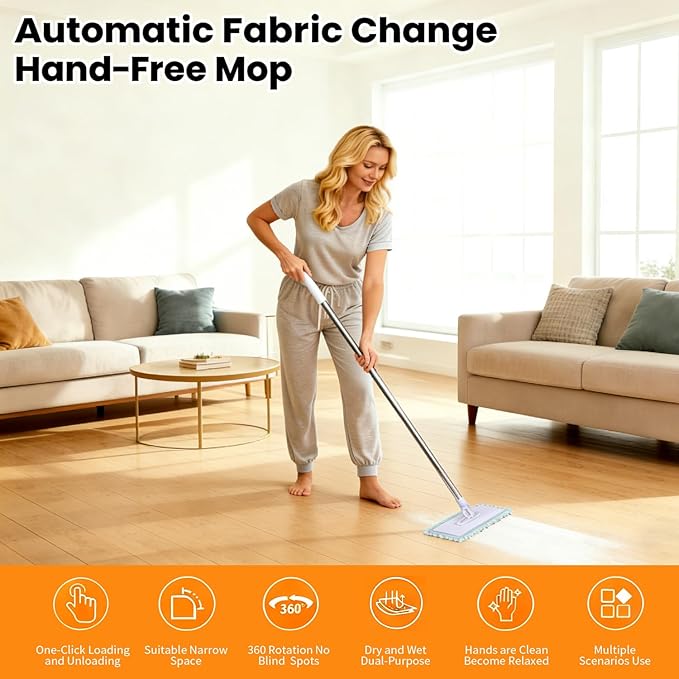 Snap Grip Mini Mop Cloth Changing Mini Mop 39 Inch Zero Touch Disposable Lazy Mops with 5 Refill Cloths Wash-Free Minis Mops for Wet/Dry Floors Tile Corners Home Kitchen Cleaning Essentials (1)