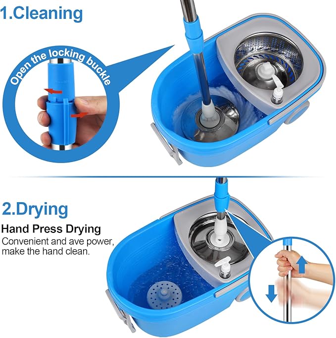 Spin Mop and Bucket with Wringer Set on Wheels 360° Spinning Mop Bucket System with 3 Microfiber Mop Replacement Heads and 61 Stainless Steel Adjustable Handle for Floor Cleaning (25QT)