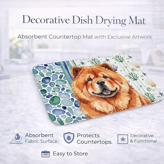 Caroline's Treasures Red Chow Chow Coastal Sea Glass Dish Drying Mat Absorbent Dish Drying Mat Pad for Kitchen Counter Dish Drainer Mat for Countertop 14 x 21 Multicolor