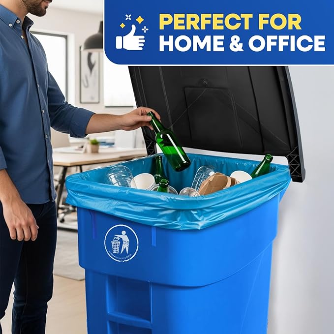 55-60 Gallon Trash Bags Heavy Duty 1.5 Mil Fits Rubbermaid Brute Rollout Round and Square 32-55 Gallon Trash Cans 43 x 47 Large Durable Garbage Trash Can Liners Blue Pack of 100