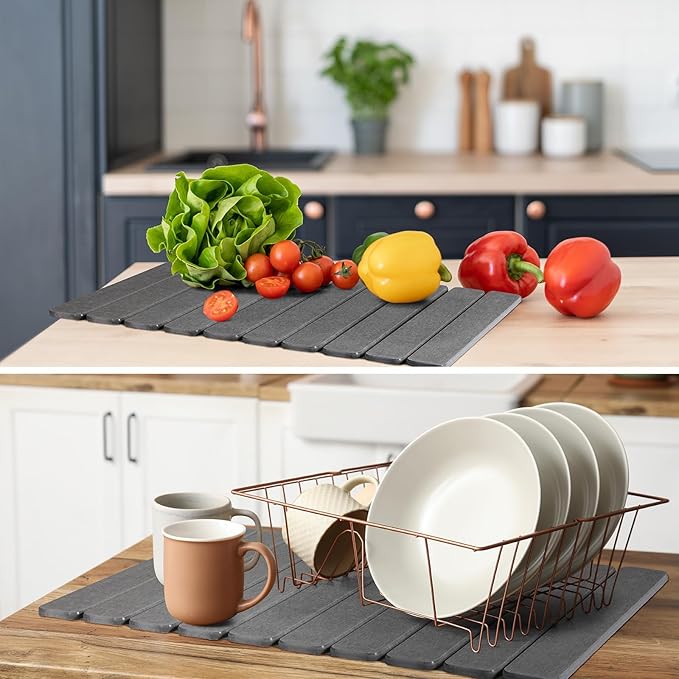 Nuanchu 2pack Large Stone Dish Drying Mat for Kitchen Counter 23.6(L)x15.4(W) Collapsible Diatomaceous Earth Water Absorbing Mat for Dishes Bottles Cups Match Any Countertop(Dark Grey)