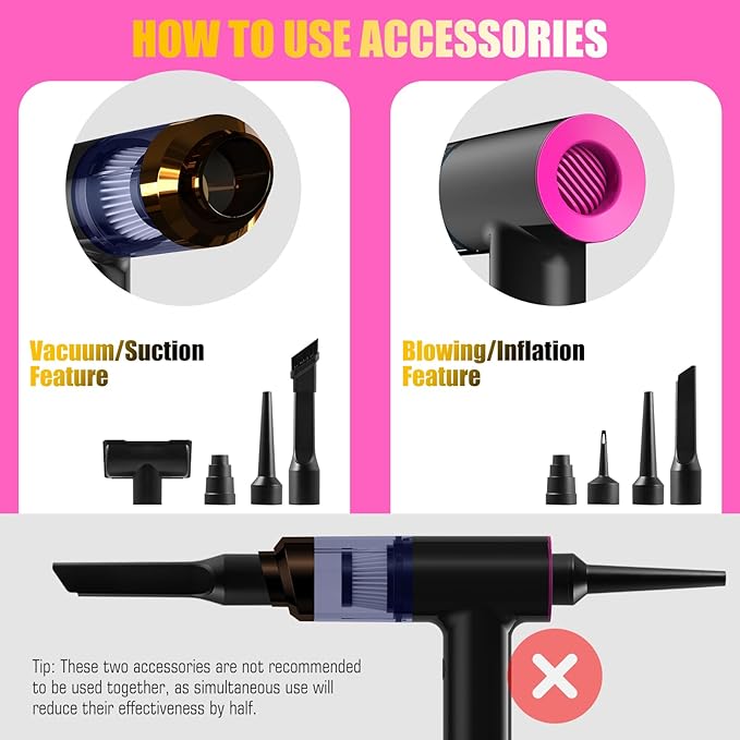 Handheld Car Vacuum Portable Cordless - Mini Portable | Dual Suction (7500pa &amp 12000pa) | 4-in-1 Vacuum Cleaner Blower Inflator Deflator &amp Air Duster for Car Home Kitchen Pet Hair Offi