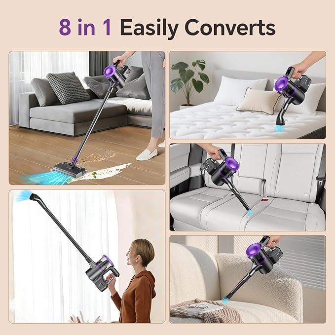 Cordless Vacuum Cleaner Powerful Vacuum Cleaners for Home with Mopping Combo Water Tank Stick Vacuum Cordless Rechargeable Lightweight Vacuum for Hard Floors Carpet Pet Hair Purple