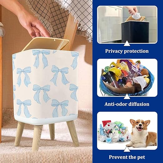 Trash Can with Lid Seamless pattern cute blue bows Trendy hair braiding accessory Hand Garbage Can Rectangular Waste Bin Press Cover Dog Proof Wastebasket for Kitchen Bathroom Living Room Nursery