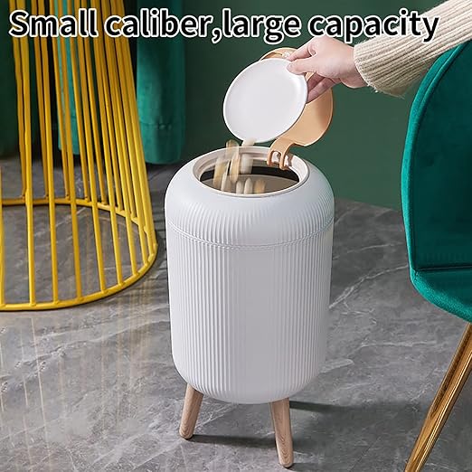 Trash Can With Lid for Bathroom 2 Gallon/10 Liter Round Garbage Bin With Press Top Plastic Modern Wastebasket With Soft Close Container for Bedroom Living Room Office (White)