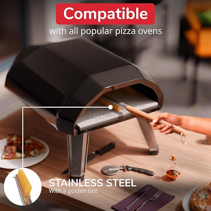 22” Pizza Oven Brush with Stone Scraper - Heat Resistant Stainless Steel Bristles Extra Long Handle - Universal Fit for Most Pizza Ovens