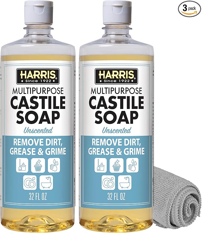 HARRIS Multi-Purpose Liquid Castile Soap for Home Cleaning Use as Dish Soap Laundry Detergent Kitchen &amp Bathroom Surface Cleaner Kids Room 2 Pack of 32 Fl Oz with Microfiber Cloth (Unscented)