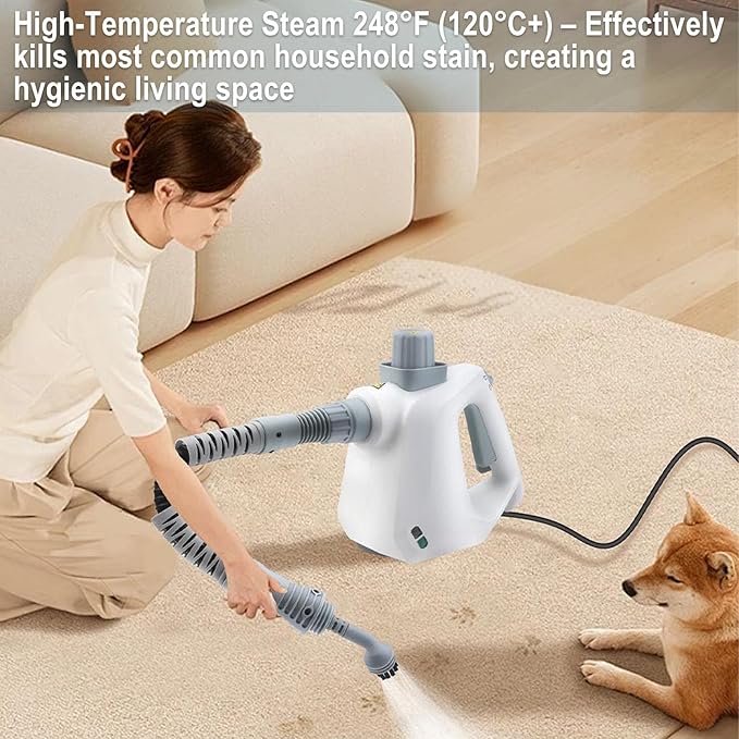 Handheld Pressurized Steam Cleaner with 11 Attachments – Portable Multi-Surface Steamer for Home Mattress Floors Couch Windows Upholstery Car and Grout – Deep Cleaning &amp Stain Removal(White