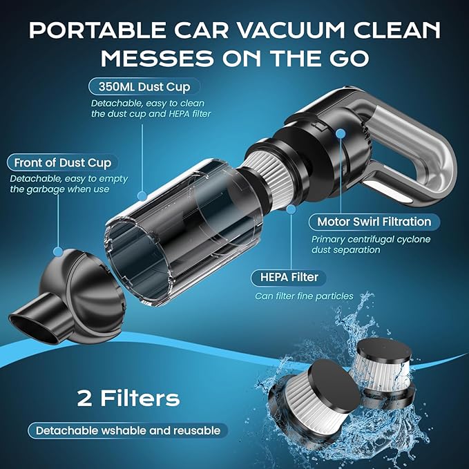 Handheld Vacuum Cordless Portable Car Vacuum with LED LightRechargeable Small Vacuum Cleaner with Powerful SuctionLightweight Vacuum Cleaner for Car Home Office Pet HairBlack