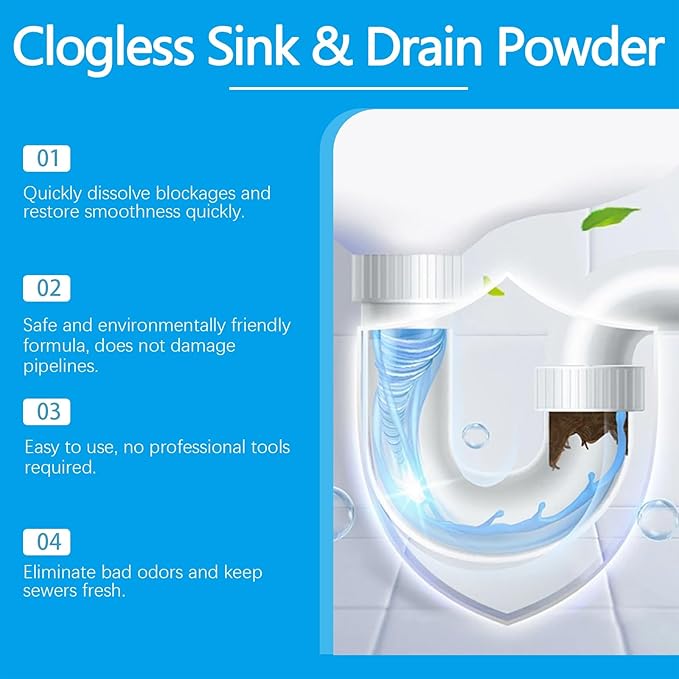 Drain Unclogger Cleaning Powder - Rapidly Dissolve Grease Hair &amp Debris Safe for All Pipes Quick Fix for Sink Toilet &amp Shower Drain Blockages(1PCS)