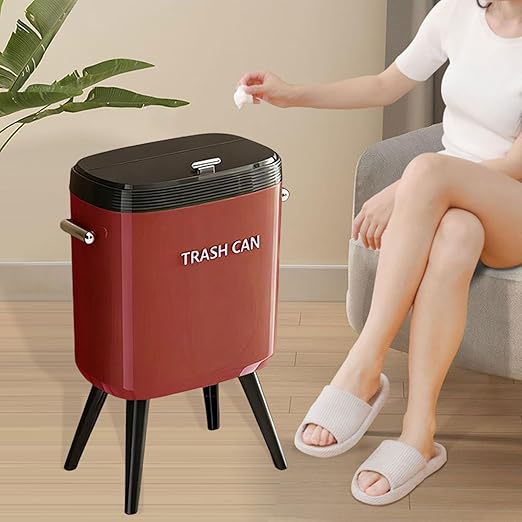 Garbage Can with Legs Dustbin High Foot 15L Large Capacity Household No Bending Wastebasket for Office Bedroom Kitchen Toilet Red