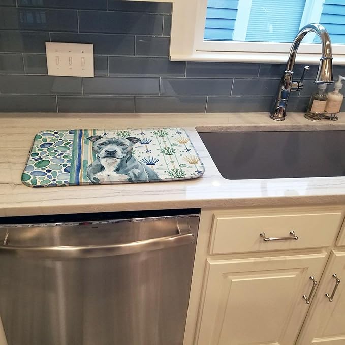 Caroline's Treasures Blue American Staffordshire Terrier Coastal Sea Glass Dish Drying Mat Absorbent Dish Drying Mat Pad for Kitchen Counter Dish Drainer Mat for Countertop 14 x 21 Multicolor