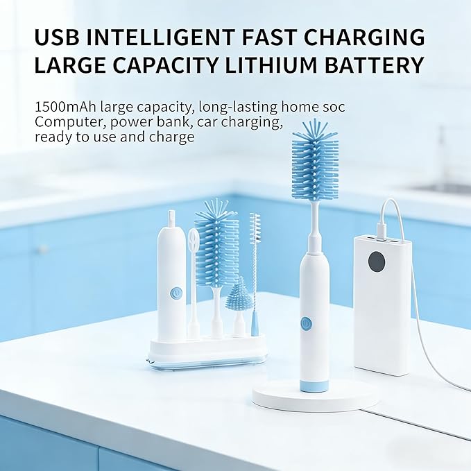 Rechargeable Electric Bottle Brush with Stand - 360° Spin Silicone Cleaner for Baby Bottles Breast Pumps &amp Small Household Containers (Sea Blue)