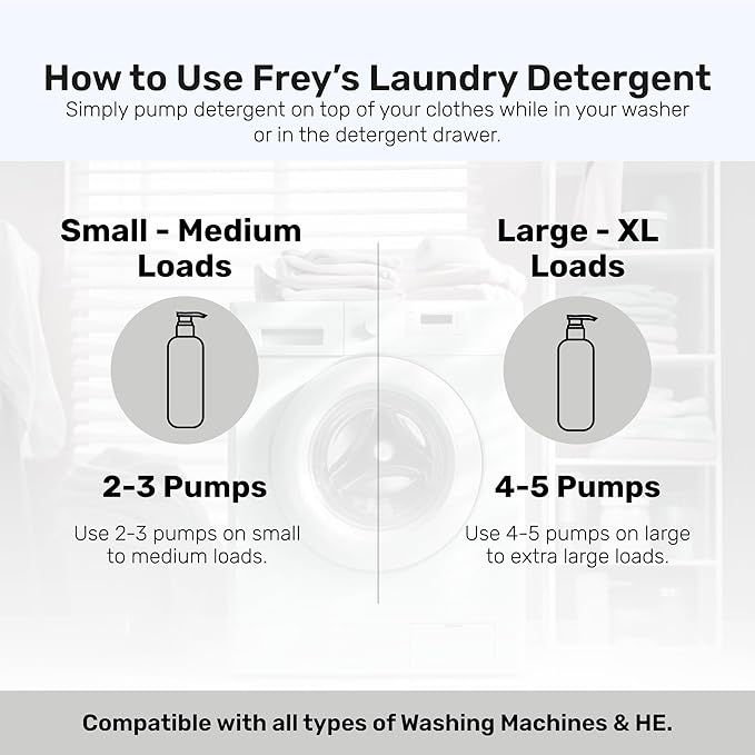 FREY Concentrated Liquid Laundry Detergent | Formulated for Sensitive Skin &amp HE Washers | Removes Stains Effectively | 50 Loads per Bottle (2-pack Unscented)