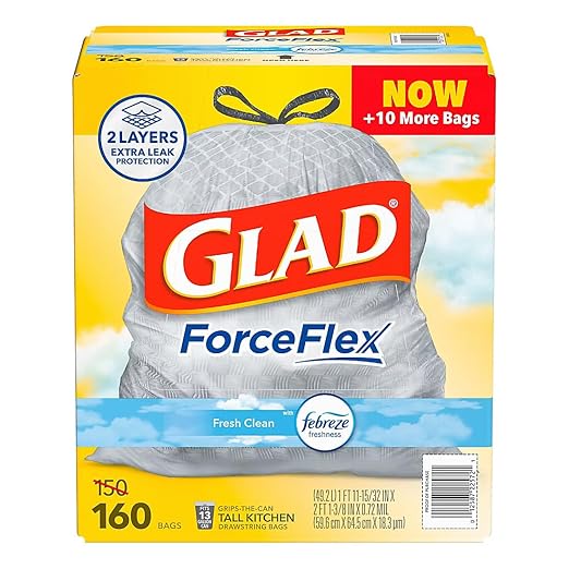 Glad ForceFlex Tall Kitchen Drawstring Trash Bags - Fresh Clean with Febreze 160 ct./13 gal.