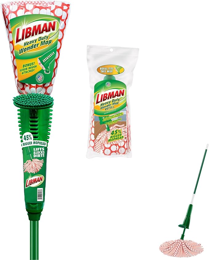 Libman Heavy Duty Wonder Mop Plus 1 Refill Head | Absorbent Microfiber | Self Wringing Mop | Household Mops Buckets &amp Accessories | Machine Washable | Multi-Surface Floor Mop | 1 Replacement Head
