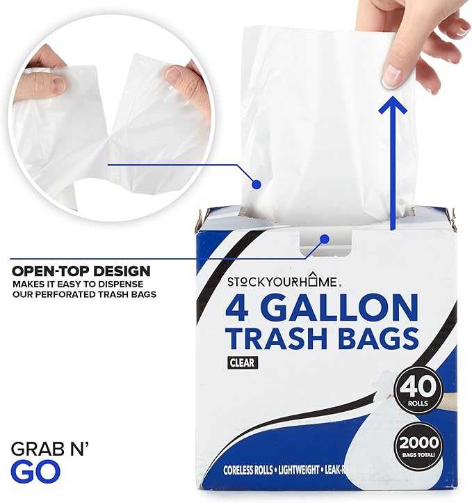 Stock Your Home Clear 4 Gallon Trash Bag (2000 Pack) Un-Scented Small Garbage Bags for Bathroom Can Mini Waste Basket Liner Plastic Liners for Office Trashcan and Dog Poop Bulk Household Supplies