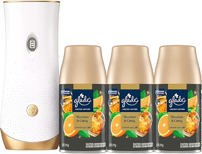 Glade Automatic Spray Starter Kit Bourbon &amp Citrus Scent 1 Holder + 3 Refills (6.2 oz Each) Adjustable Freshness
