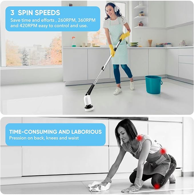 Electric Spin Scrubber Cordless Cleaning Brush Power Shower Scrubber Long Handle Extendable Handheld Electric Scrubber for Bathroom Floor Tub Tile with 8 Replaceable Brush Heads &amp Hook