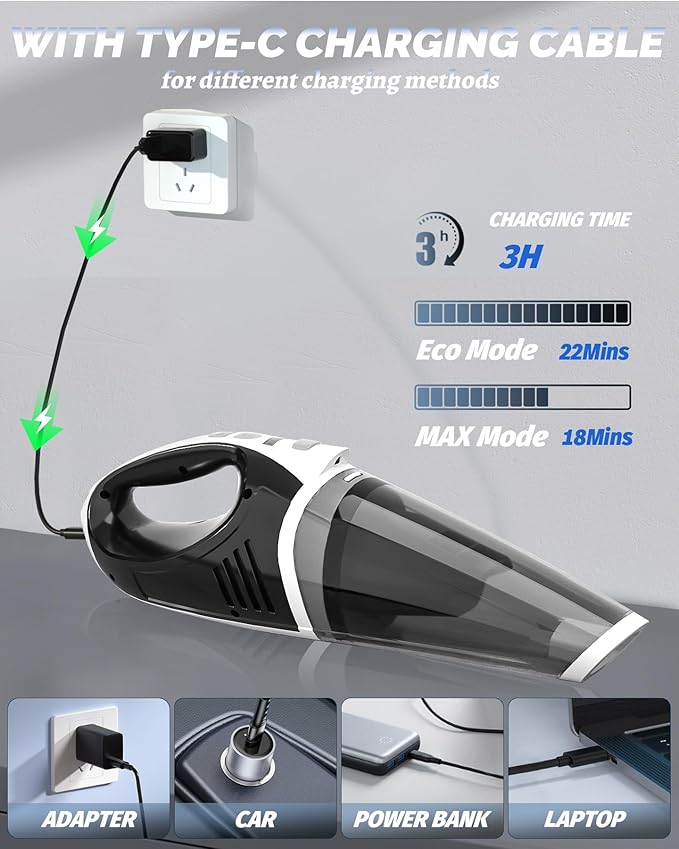 BRL Handheld Vacuum Cordless Car Vacuum Cleaner with Powerful Suction 2 Modes Mini Hand Vacuum Dry &amp Wet LED Light Portable Vacuum for Car Pet Hair Home Office Keyboards White Sliver