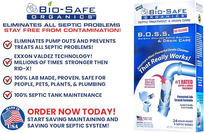 B.O.S.S. Septic Tank Treatment - 12.5oz Powder - 24 Drain or 5 Septic Doses - Patented Bacterial Enzyme - 100% Treats Odors Clogs Backups Pumpouts &amp Repairs - Works in All Septic Systems - Made in