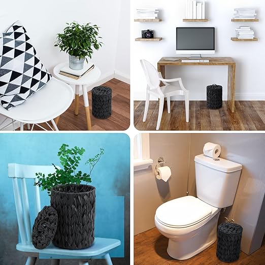 Ctosree 1.3 Gallons Small Trash Can with Lid Handle Boho Woven Braided Bathroom Waste Basket Trash Can with 100 Garbage Bags for Bedroom Office Laundry(BlackBraided PolypropyleneRound)