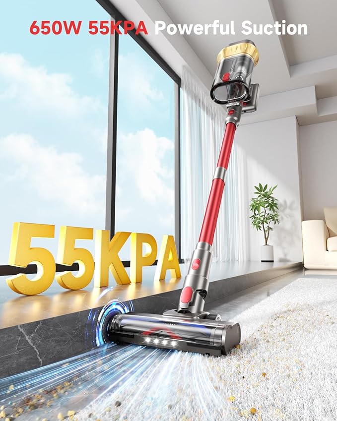 650W Cordless Vacuum Cleaner with 55KPa Flagship Suction 75-Min Extended Runtime 2.5L Dual-Cup Capacity Anti-Tangle Brush &amp Self-Standing Design HEPA Filtration for Furniture Carpet Pet Hair