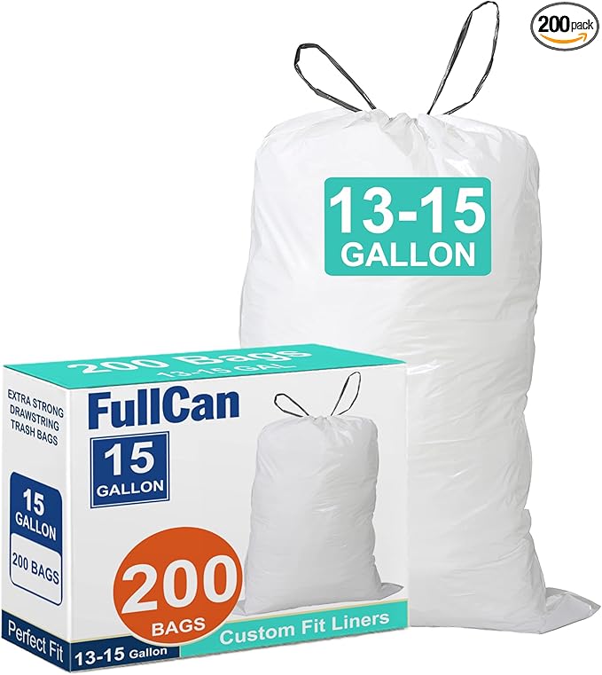 15 Gallon 200 Count Drawstring Trash Bags 1.2 MIL Heavy Duty Perfect Fit White Garbage Can Liners 13-15 Gallon White Drawstring Garbage Liners PERFECT FIT &amp GRAND SAVE!