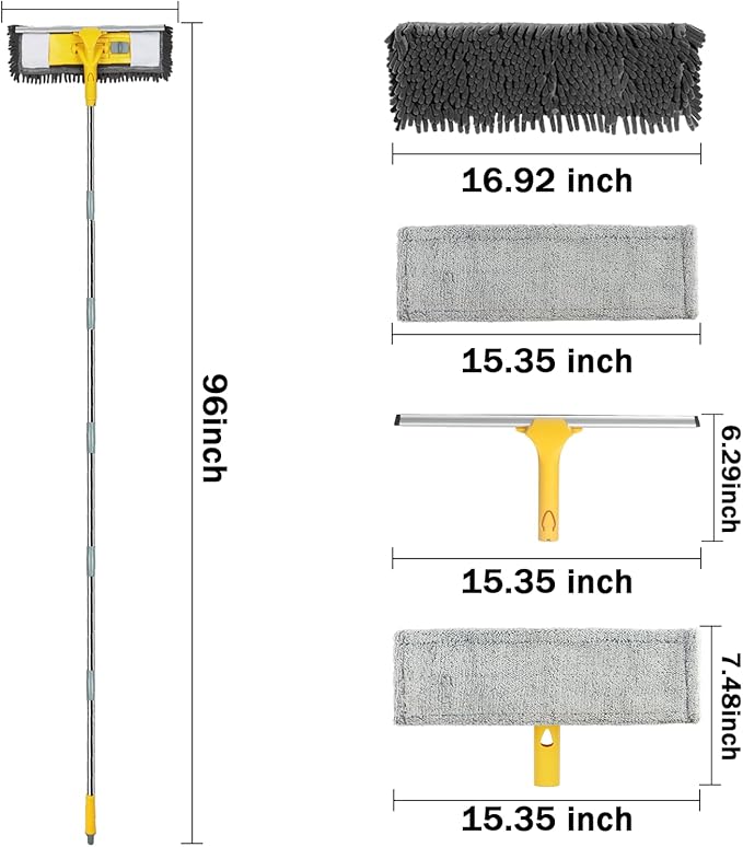 96 Long Handle Window Wall Cleaner Tool with Extension Pole2 in 1 Large Window Squeegee with Cleaning Mop Tools Kit for Window/Wall/Baseboard/Floors Clean/Solar Panel Washer