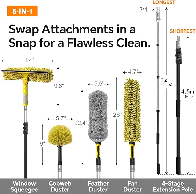 4-12Ft Telescoping Extension Pole Kit 5-in-1 High Reach Duster with Chenille Window Squeegee Microfiber Feather Cobweb Duster for Ceiling Wall Hard-to-Reach Indoor &amp Outdoor Cleaning Yellow