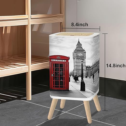 Small Trash Can with Lid London London Telephone boxs Pictures 2.6 Gallon/10L Garbage Can Waste Bin with Pop-Up Lid Wood Legs Wastebasket for Bathroom Kitchen Bedroom