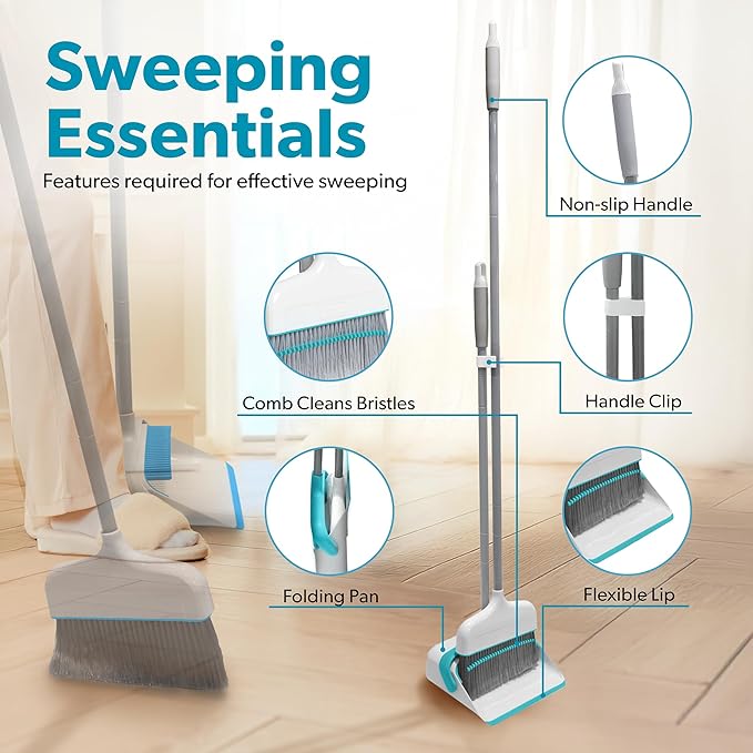 BLACK+DECKER Butler Broom and Dustpan Set for Home Short Handle Stand Up and Lightweight Space Saving Dust Pan and Broom Combo for Kitchen Living Room Bathroom Lobby Floor Use