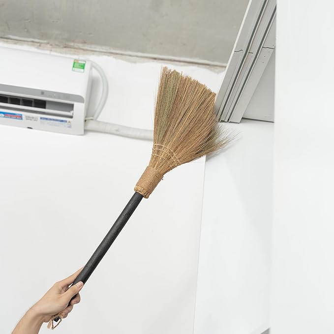 Natural Whisk Sweeping Black Handle Broom - Brooms for Wedding Jumping Ceremony Halloween DIY Decoration - Vietnamese Straw Soft Broom 12.2 Width 28.35 Length