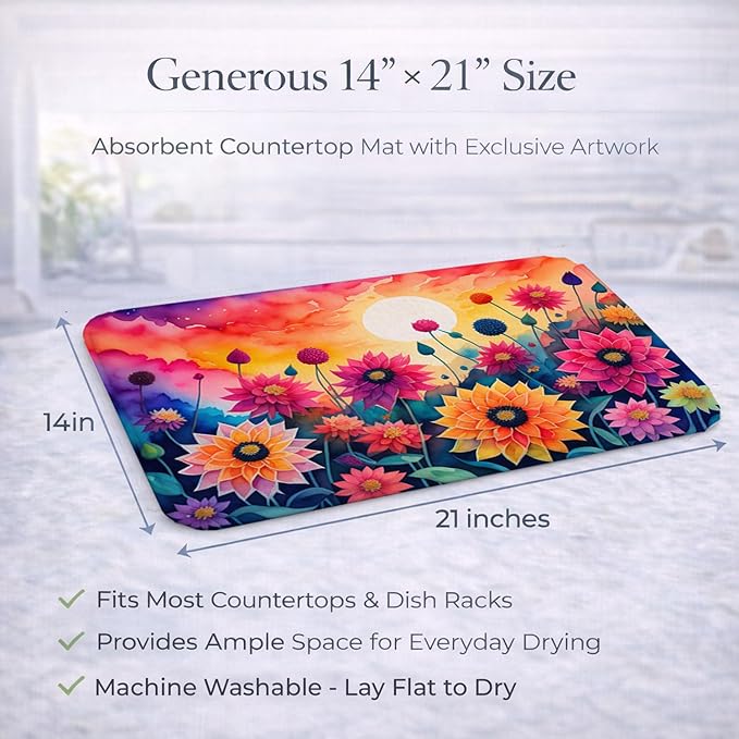 Caroline's Treasures DAC1426DDM Dahlias in Color Dish Drying Mat Absorbent Dish Drying Mat Pad for Kitchen Counter Dish Drainer Mat for Countertop 14 x 21 Multicolor