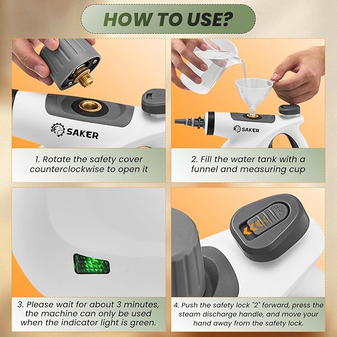 Saker Pressurized Handheld Steam CleanerSteam Disinfection CleanerPortable Steam Cleaner for Home1050W Steam CleanerQuick Heating &amp Deep Cleaning of Floors Cars and Kitchen with 5 Fiber Clot