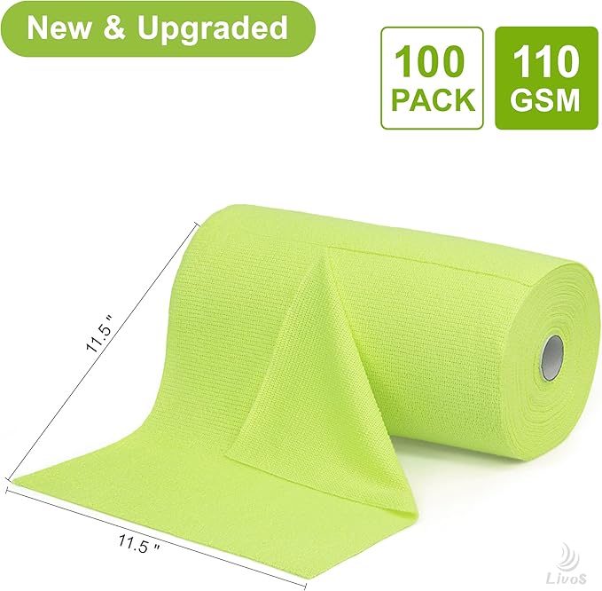 LIVOS Microfiber Cleaning Cloth Roll - 100 Pack Reusable Paper Towels Microfiber Towels for Car Super Absorbent Cleaning Rags for HouseKitchenWindow-Green 11.5x11.5|Lightweight Quickly Dry