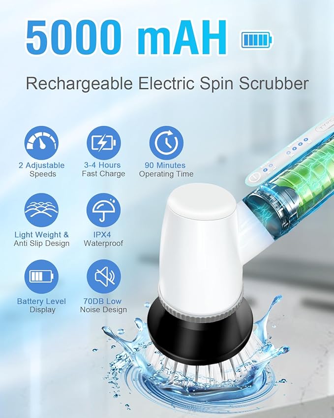 Electric Spin Scrubber Bathroom Scrubber - Cordless Shower Scrubber with Adjustable Handle 2 Speeds Bathroom Scrubber with 8 Replaceable Brush Heads Power Scrubber for Bathroom Bathtub Cleaning