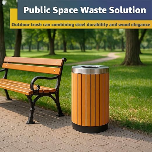 17 Gallon Round Outdoor Trash Can - Heavy Duty Steel &amp Wood Composite Commercial Decorative Garbage Bin with Open Lid Durable Park Retail &amp Transit Waste Container