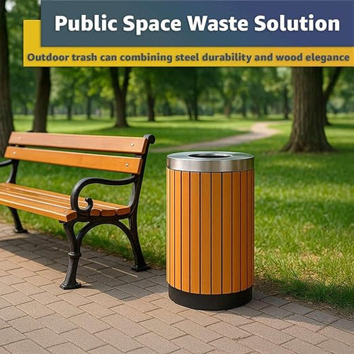 17 Gallon Round Outdoor Trash Can - Heavy Duty Steel &amp Wood Composite Commercial Decorative Garbage Bin with Open Lid Durable Park Retail &amp Transit Waste Container