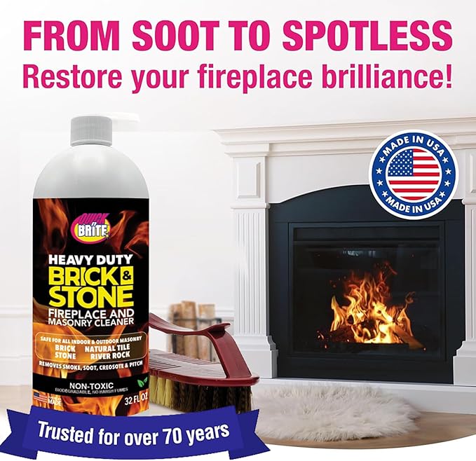 Quick'n Brite Fireplace Brick and Stone Cleaner 32oz with Scrub Brush - Natural Stone Tile and Marble Cleaner - Indoor Fireplace and Wood Stove Cleaning Kit - Pellet Stove Creosote Remover