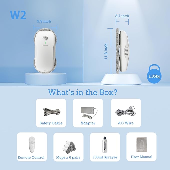 Tosima W2 Window Cleaner Robot Automatic Cleaning with Intelligent Path Planning 3800Pa Suction Power Edge Detection Technology Remote Control White