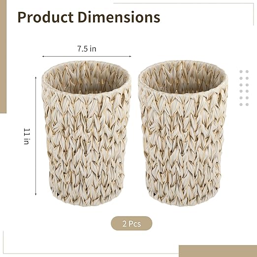 2 Pcs Wicker Trash Cans11 in Boho Trash Cans Handwoven Plastic Rattan Trash Can Waste Baskets with Wide Opening Waterproof Waste Bin with Sturdy Metal Frame for Bathroom Bedroom Office Home