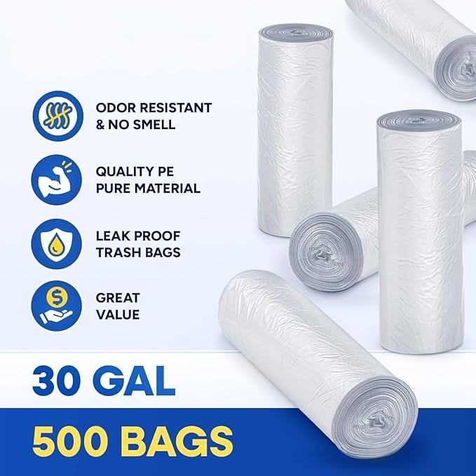 Plexon Clear Trash Bags 33 Gallon – W x 33 in. L x 40 in High-Density Garbage Can Liners 13 Micron Thick – Fits Round &amp Square Cans – Bulk Pack of 500 – Heavy-Duty Bags for Indoor and Outdoor U