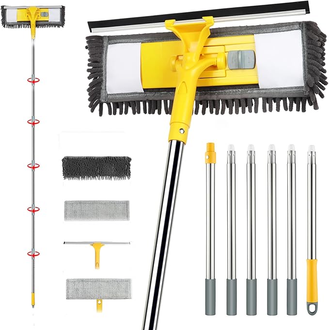 96 Long Handle Window Wall Cleaner Tool with Extension Pole2 in 1 Large Window Squeegee with Cleaning Mop Tools Kit for Window/Wall/Baseboard/Floors Clean/Solar Panel Washer