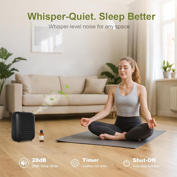 Waterless DiffuserWireless Essential Oil Battery Operated2000 Sq FtSafety LockQuietBluetooth AppHotel Home Collection Scent Machine - Black